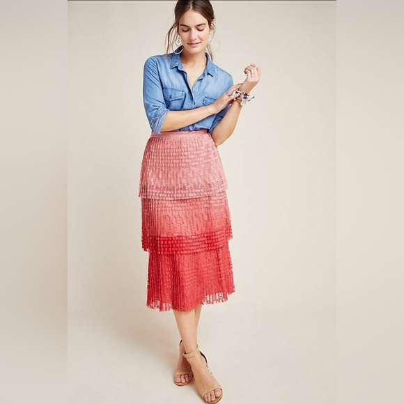 Nwt Anthropologie Maeve Brighton Tiered Lace Ombre Midi Skirt - Picture 8 of 16